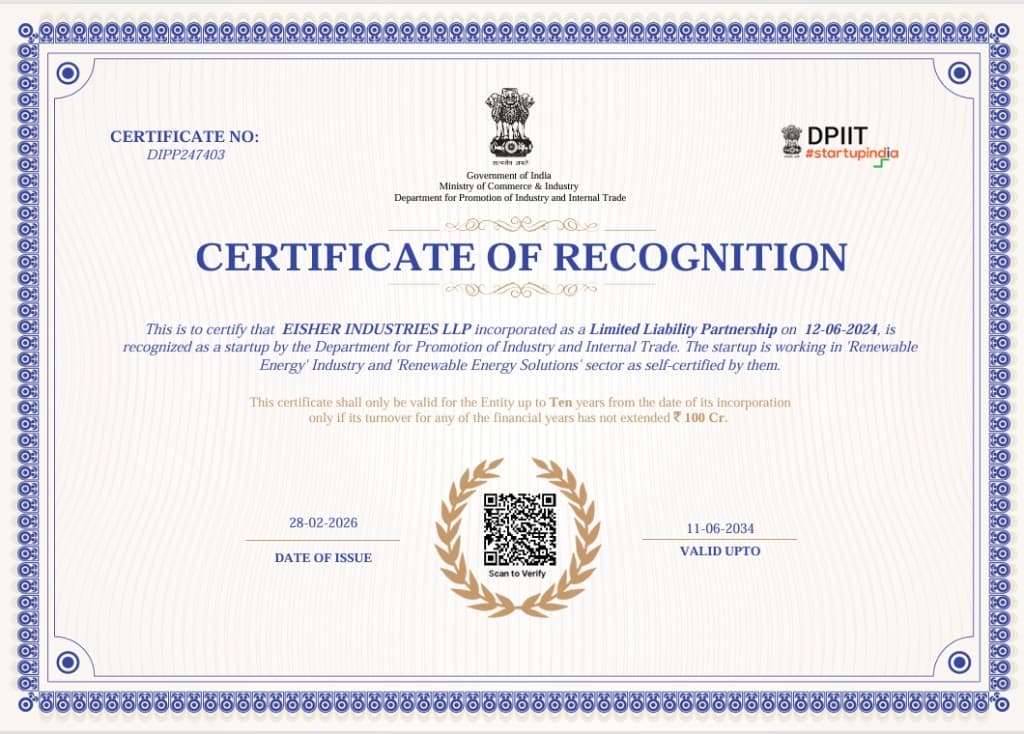 DPIIT Startup Recognition issued to Eisher Industries LLP