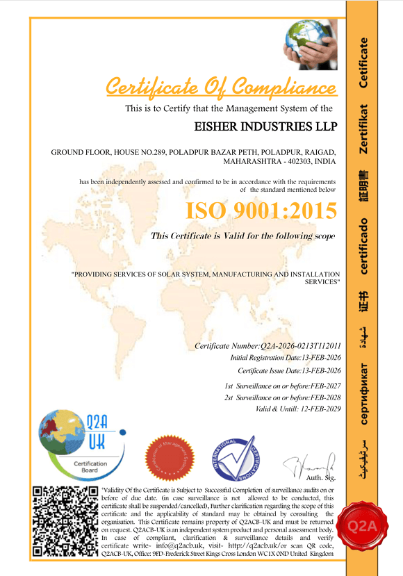 ISO 9001:2015 issued to Eisher Industries LLP